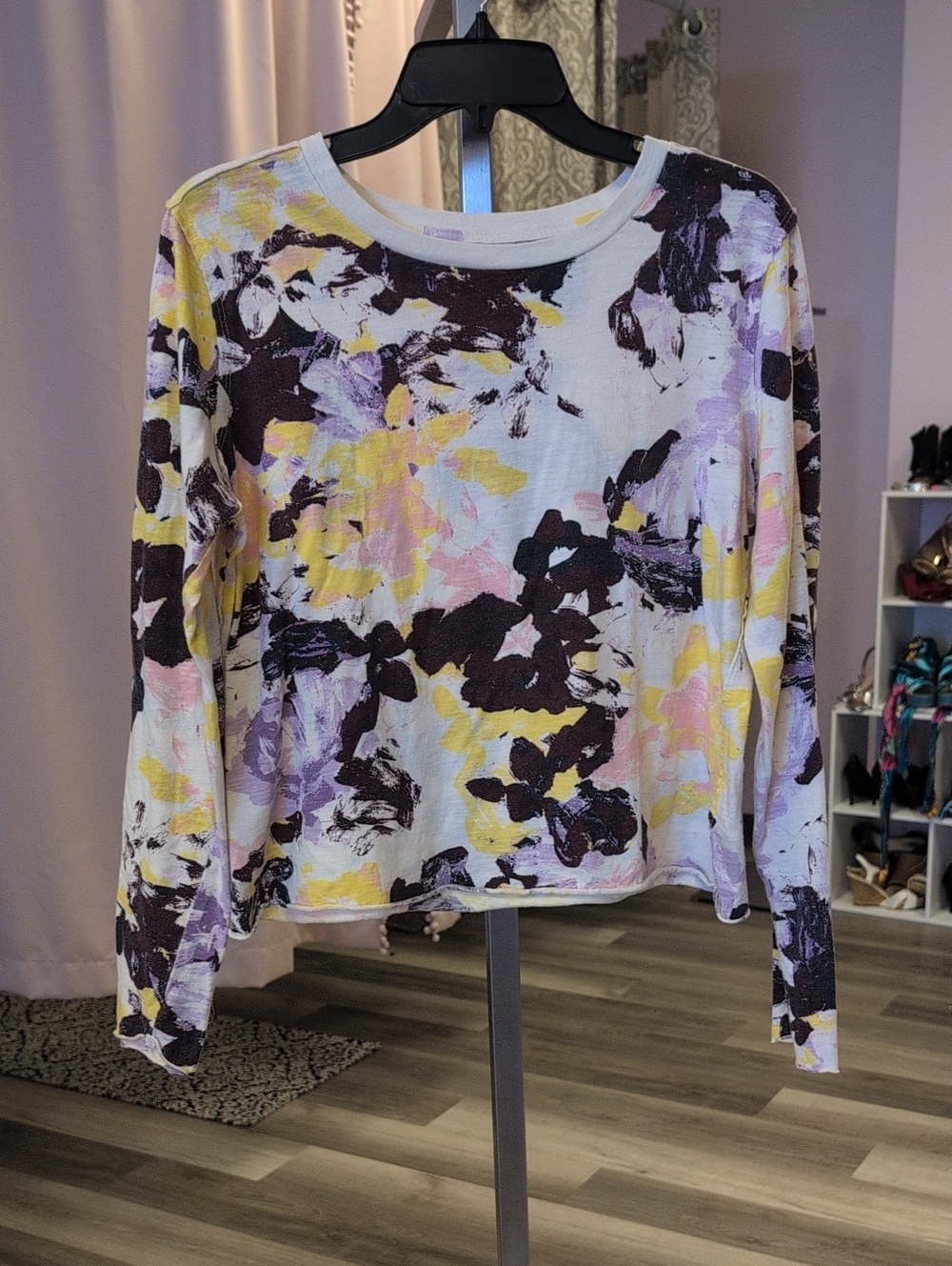 Anthropologie White Multi Floral Brushstroke Long Sleeve Top